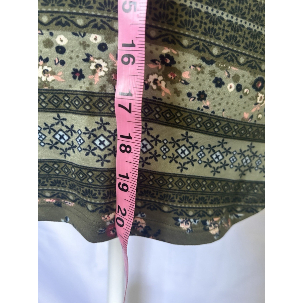 Olive Green Floral Cold Shoulder Top Choker Neck O-Ring Boho 3/4 Sleeve Small - Picture 5 of 8